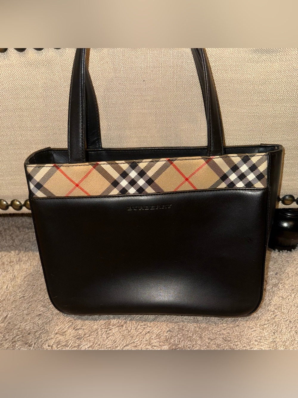Burberry Black Leather Tote with Signature Beige Check Panel
